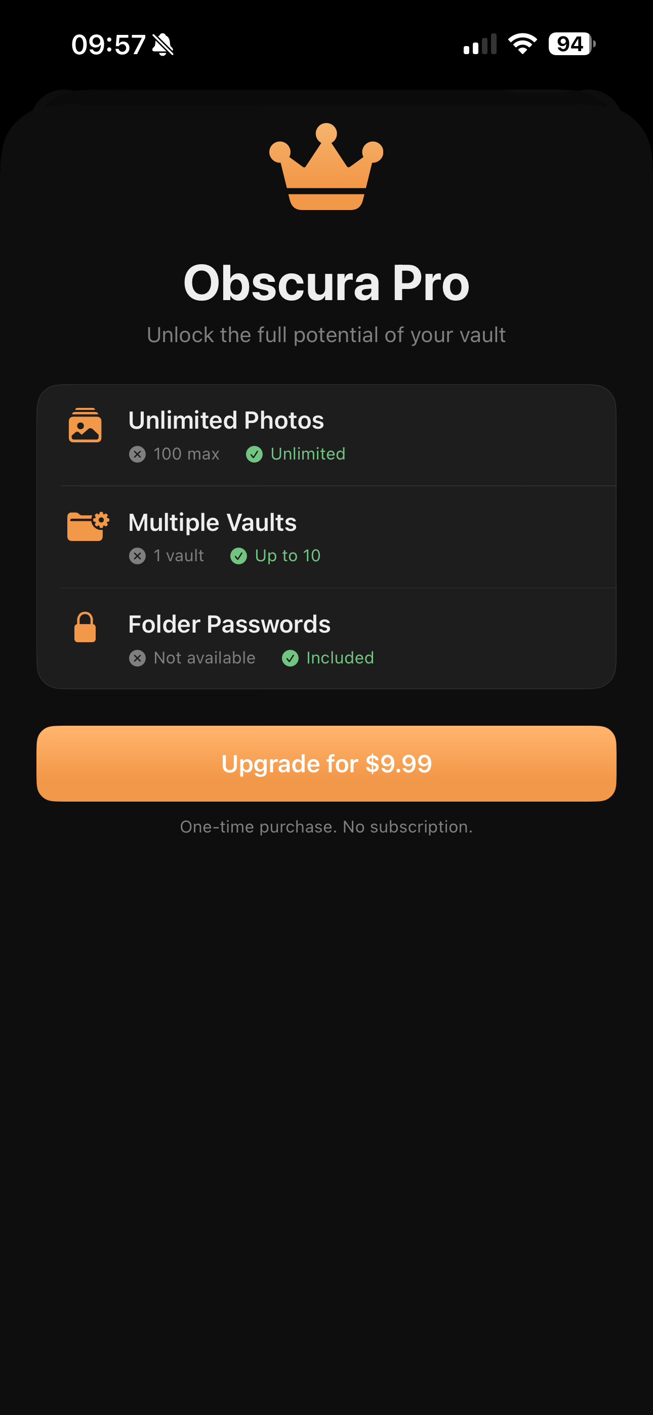 Obscura Pro one-time purchase screen